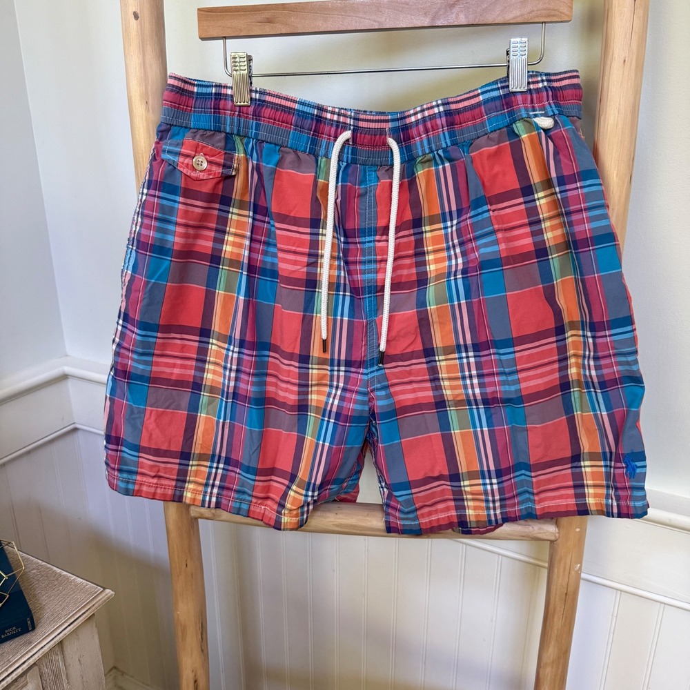 Polo Ralph Lauren Mens XXL Plaid Swim Trunks Multi Color Madras Mesh Lined Pony - Picture 1 of 9